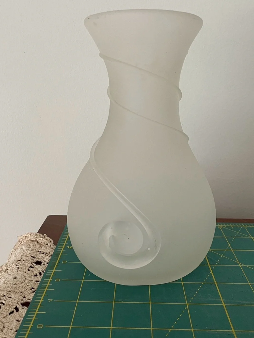 Frosted White Glass Vase with Swirl Accent